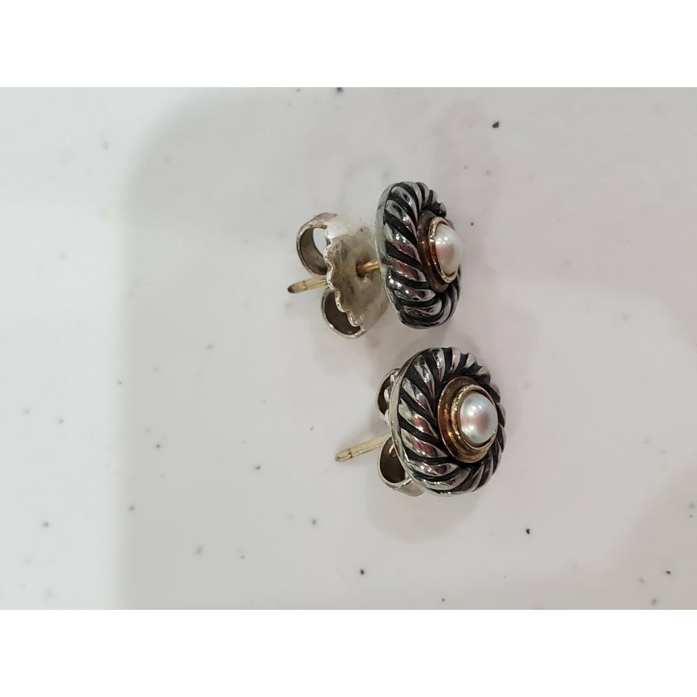 David Yurman Pearl Infinity Stud Earrings in Sterling Silver 585 Gold MINI - Picture 2 of 8